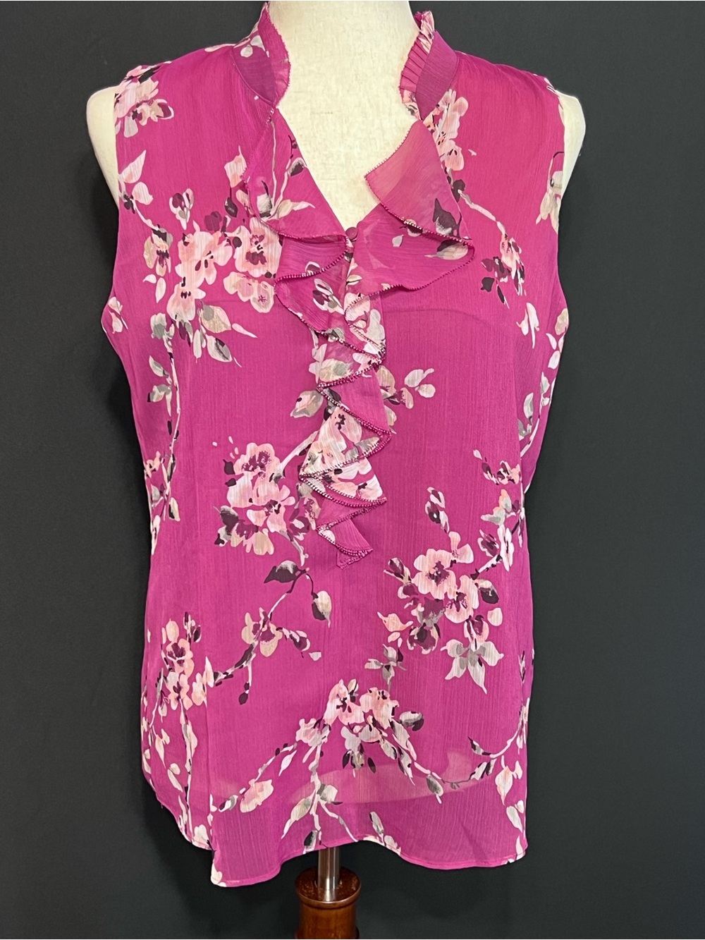 White House Black Market Fuchsia Pink Floral Ruffle Sleeveless Top